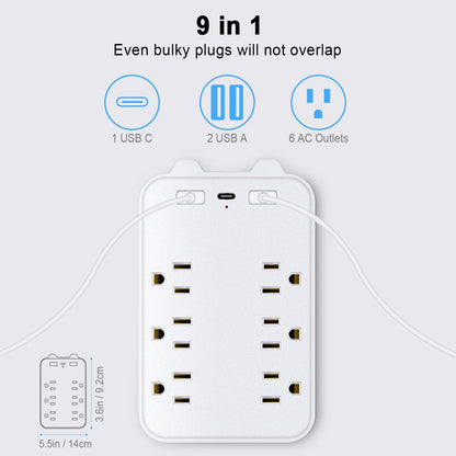 6 Outlet Extender Surge Protector, Multi Outlet Extender Wall Adapter with 2 USB, 1 USB-C Fast Charging Ports, 6 AC Outlets, 1200J Surge Protection, ETL Certified