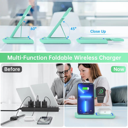 Wireless Charger, 18W 3 in 1 Charging Station for Iphone 16/15/14/13/12/11/Pro/Xs/Xs Max/Xr/X, Fast Wireless Charging Dock for Apple Watch 10/9/8/7/6/SE/5/4/3/2, Airpods 4/3/2/Pro with Adapter(Green)