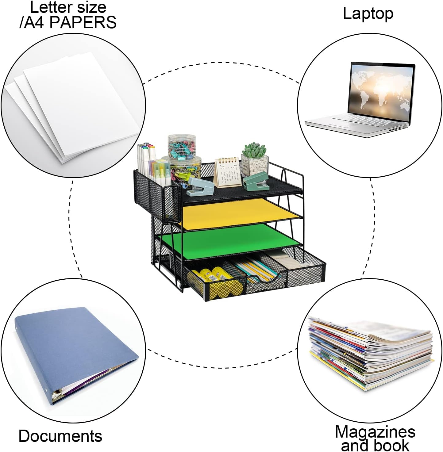4-Tier Desk Organizers with Drawers, Paper Organizer Letter Tray with Pen Holder, Desktop File Organizer and Storage Paper Sorter Rack for Office Supplies