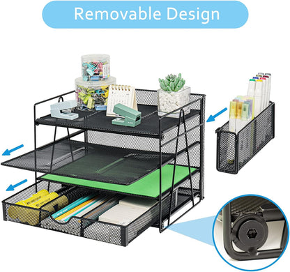 4-Tier Desk Organizers with Drawers, Paper Organizer Letter Tray with Pen Holder, Desktop File Organizer and Storage Paper Sorter Rack for Office Supplies