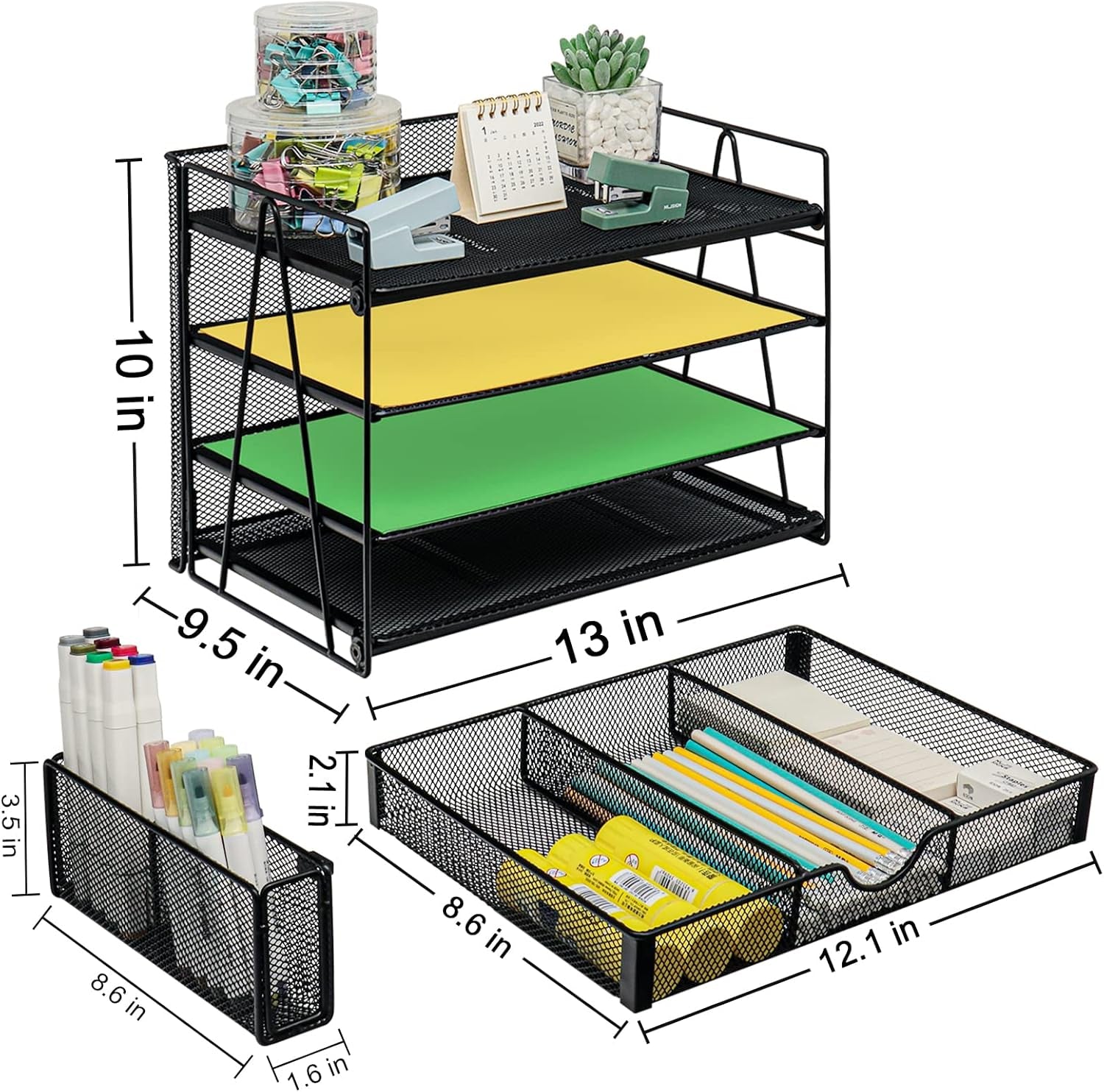 4-Tier Desk Organizers with Drawers, Paper Organizer Letter Tray with Pen Holder, Desktop File Organizer and Storage Paper Sorter Rack for Office Supplies