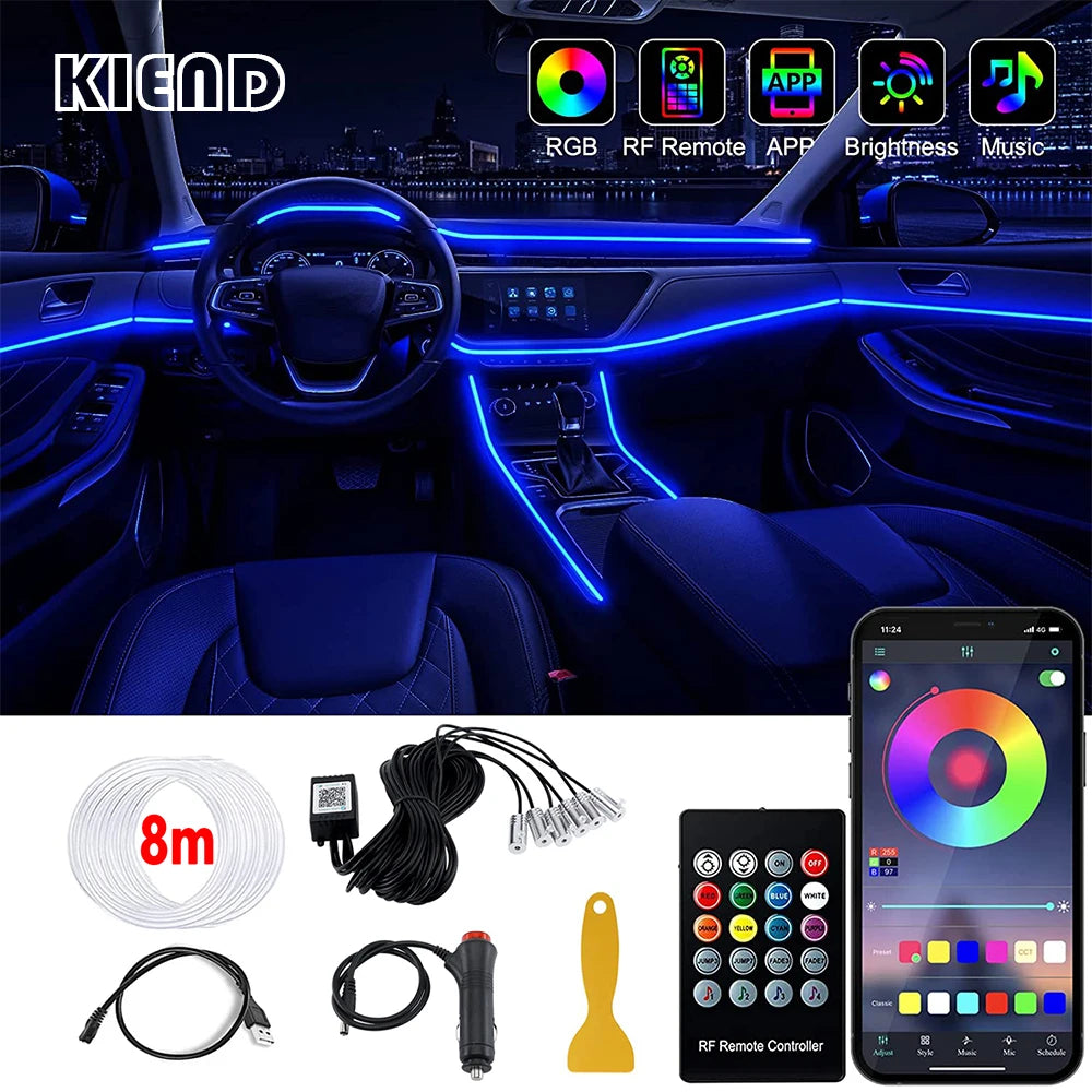 LED Car Interior Ambient Strip Lights RGB Fiber Optic Atmosphere Neon Lighting Kit W/ APP Remote Control Auto Decorative Lamps