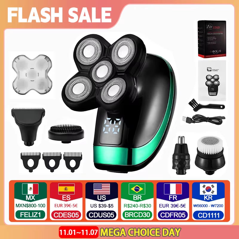 5 in 1 4D Men'S Rechargeable Bald Head Electric Shaver 5 Floating Heads Beard Nose Ear Hair Trimmer Razor Clipper Facial Brush