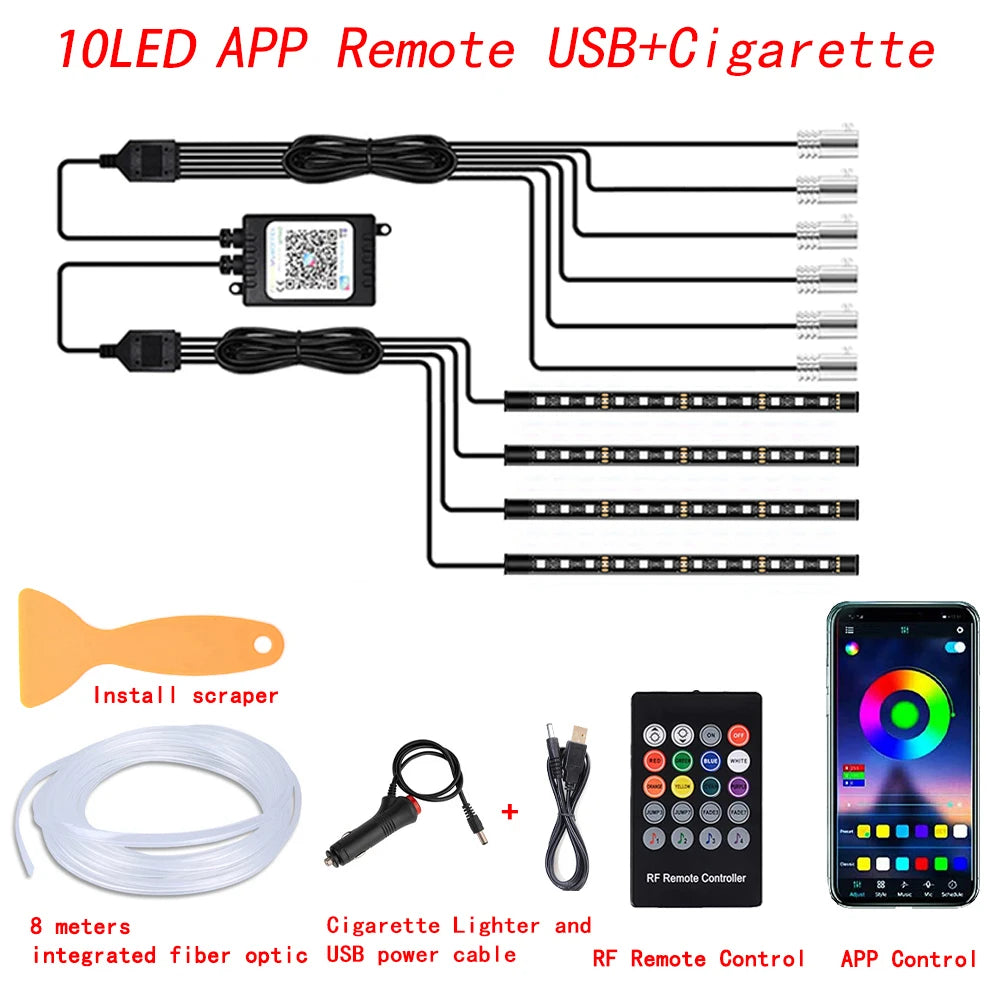 LED Car Interior Ambient Strip Lights RGB Fiber Optic Atmosphere Neon Lighting Kit W/ APP Remote Control Auto Decorative Lamps